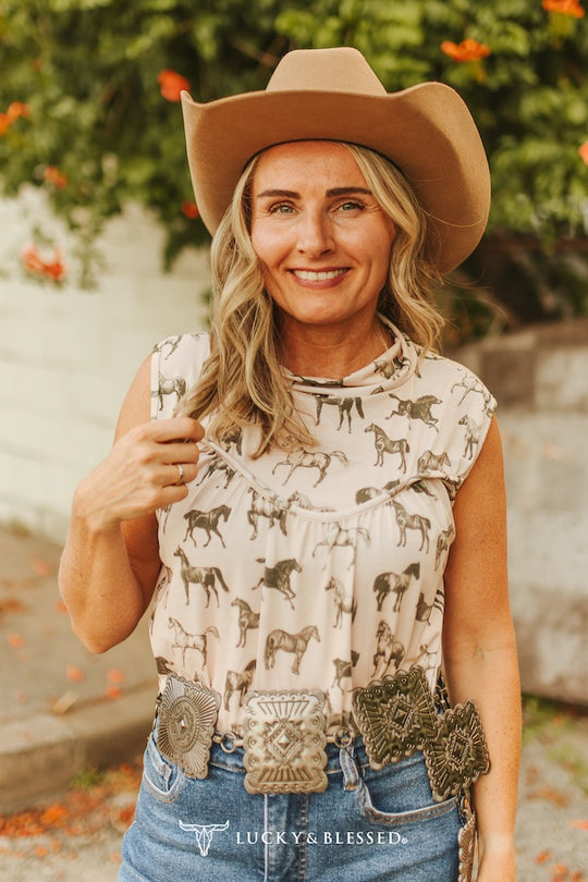 Buffalo Belle - Womens Sleeveless Horse Print Blouse