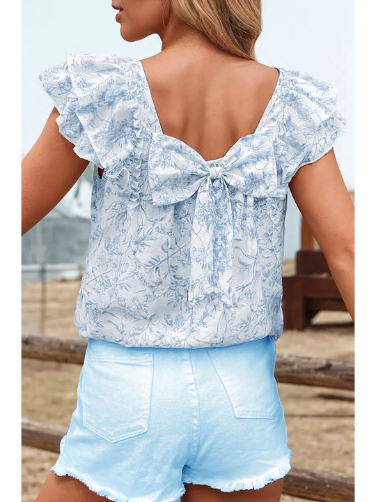 Buffalo Belle - Blue Floral Short Sleeve Ruffle Blouse