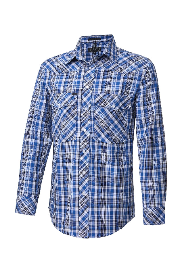 Pilbara - Mens Snap Button Blue/ Black/ White Check Shirt