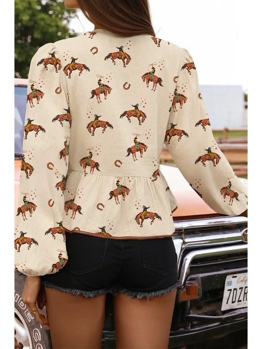 Buffalo Belle - Cowboy Print Front Tie Blouse