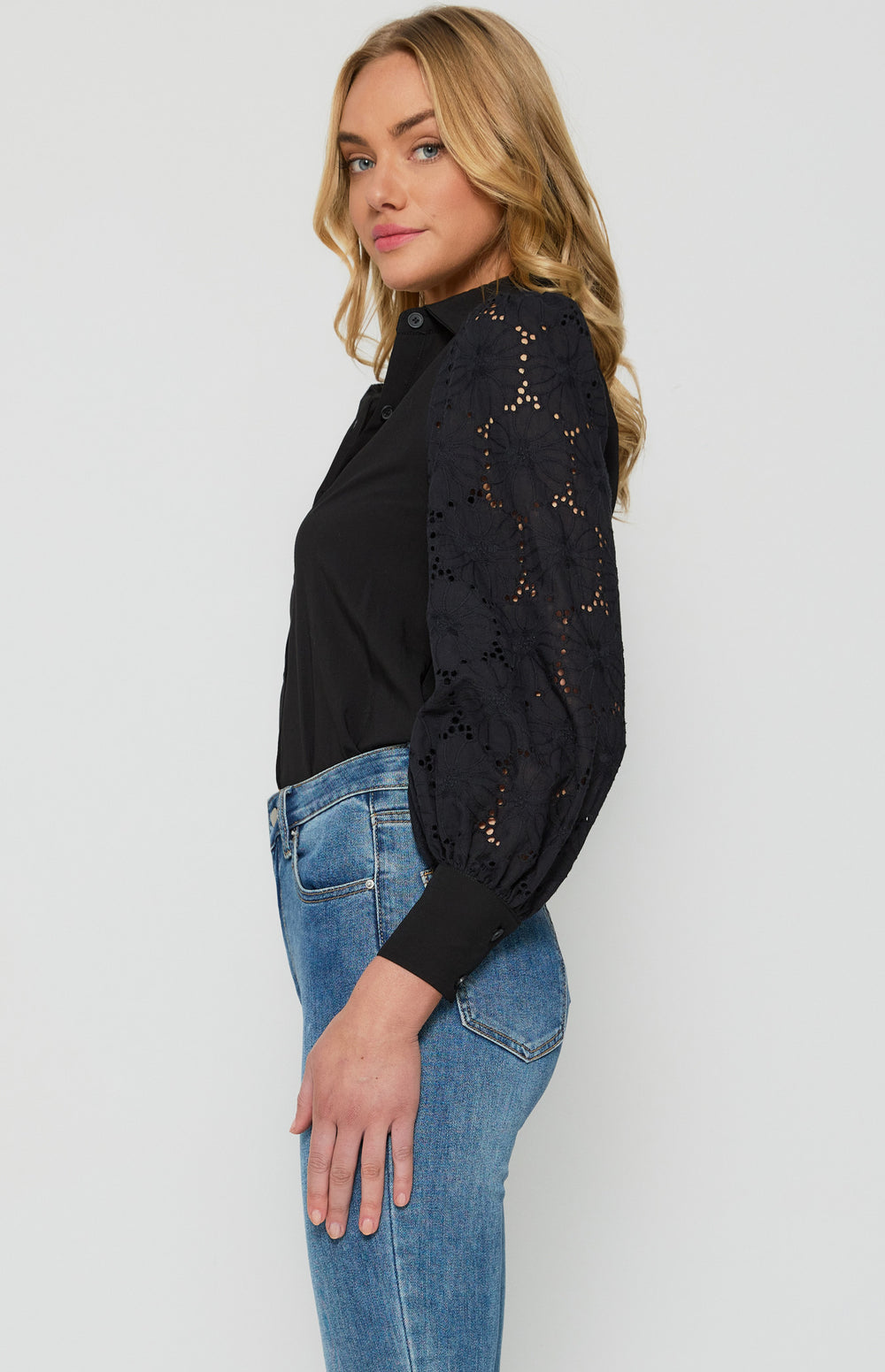 Style State - Embroidery Sleeves Button Up Shirt Black