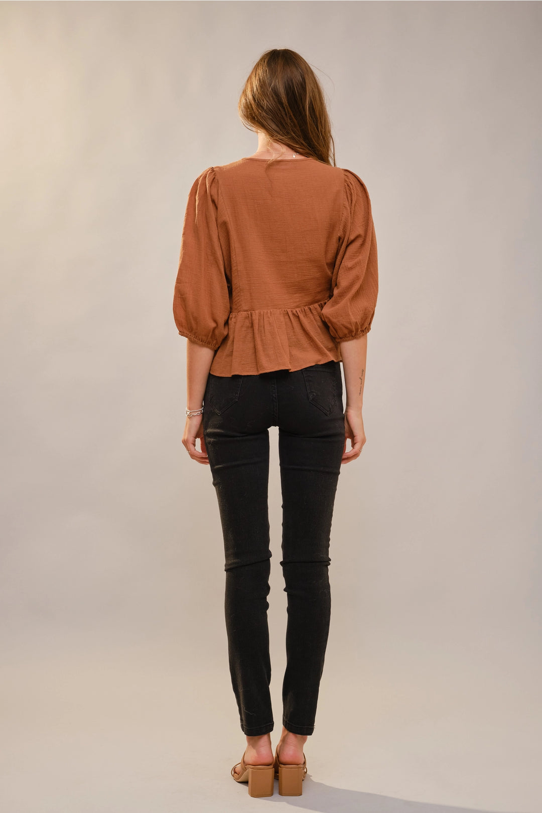 Buffalo Belle - Gabby 3/4 Puff Sleeve Embroidered Peplum Blouse