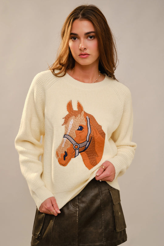 Buffalo Belle - Womens Cream Horse Embroidery Knit  Sweater