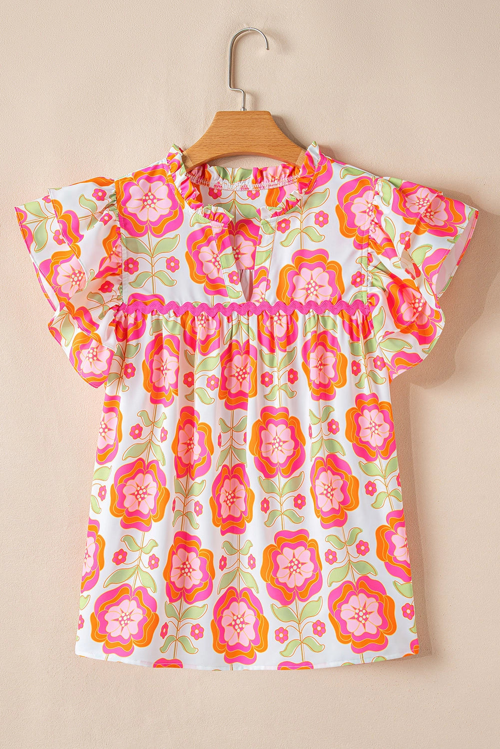 Buffalo Belle - Womens Floral Ricrac Trim Ruffle Sleeve Blouse