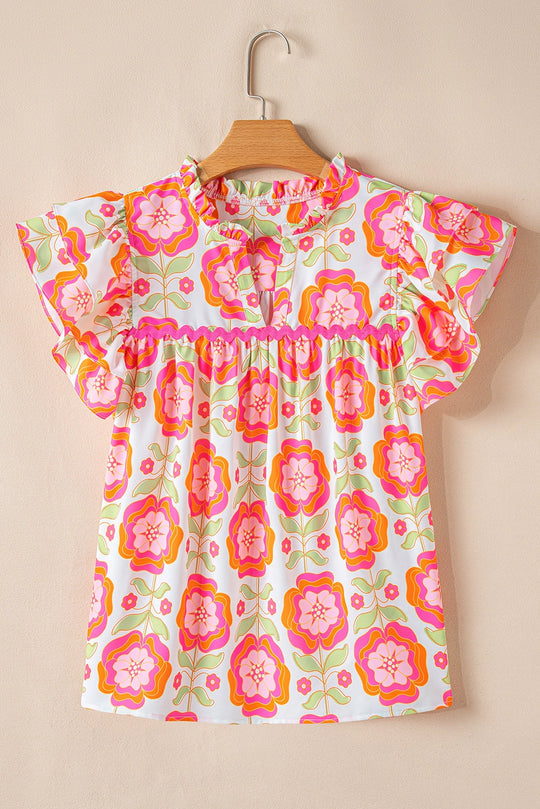 Buffalo Belle - Womens Floral Ricrac Trim Ruffle Sleeve Blouse