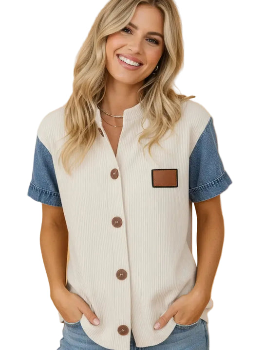 Buffalo Belle - Women's Denim Ribbed Patchwork Buttoned Shirt