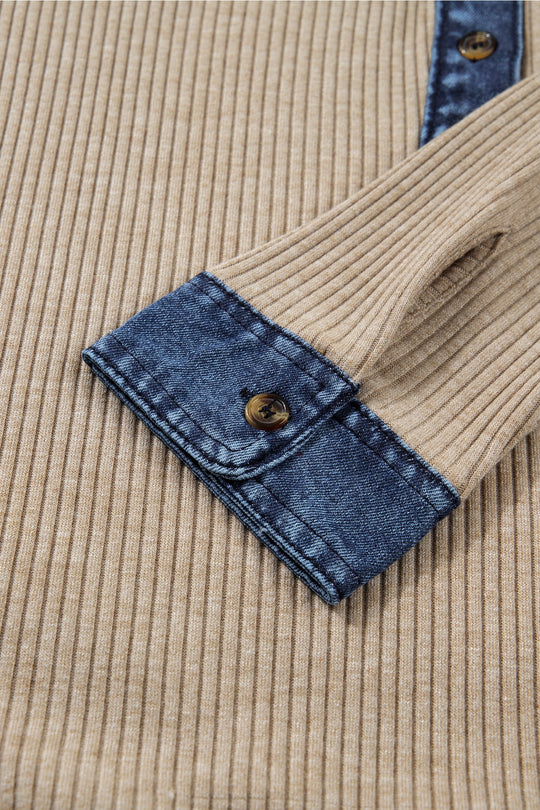 Buffalo Belle - Women's Denim Patchwork Ribbed Knit Polo Collared Top