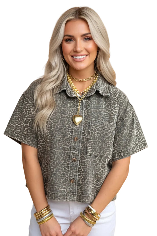 Buffalo Belle - Women's Leopard Denim Short Sleeve Button Crop Shirt