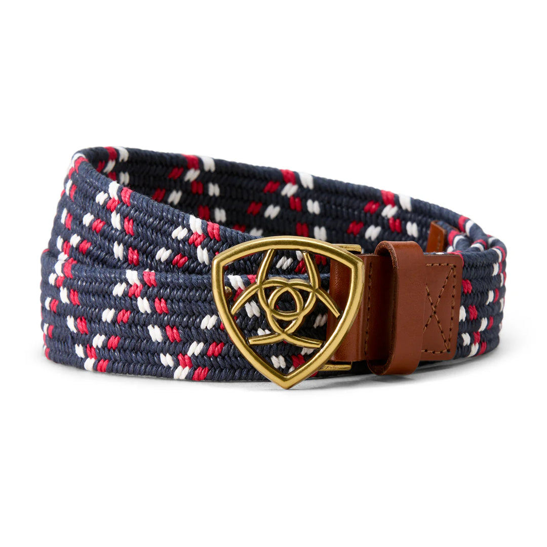 Navy belt with red, white, and gold pattern and gold buckle on a white background