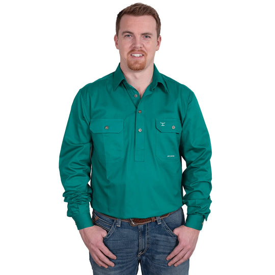 Just Country - Mens Cameron 1/2 Button Work Shirt Dark Green