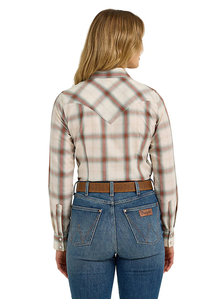 Wrangler - Womens Cream Plaid Western Snap Shirt