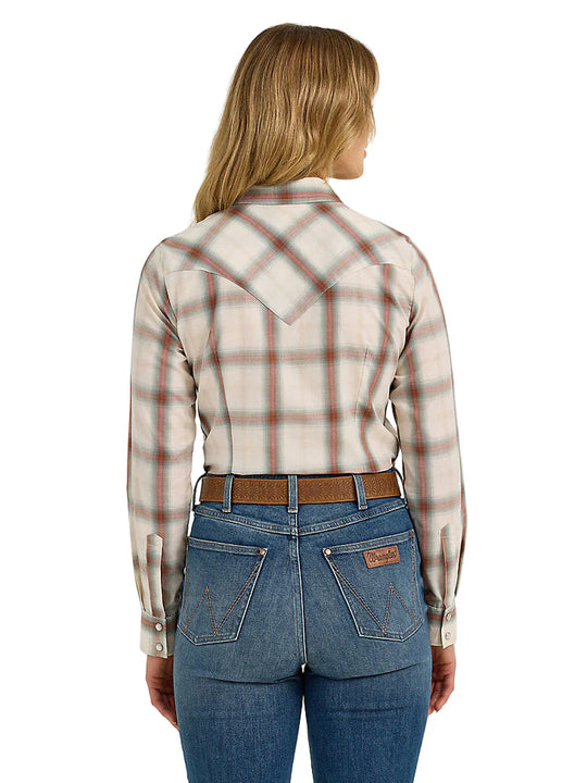 Wrangler - Womens Cream Plaid Western Snap Shirt
