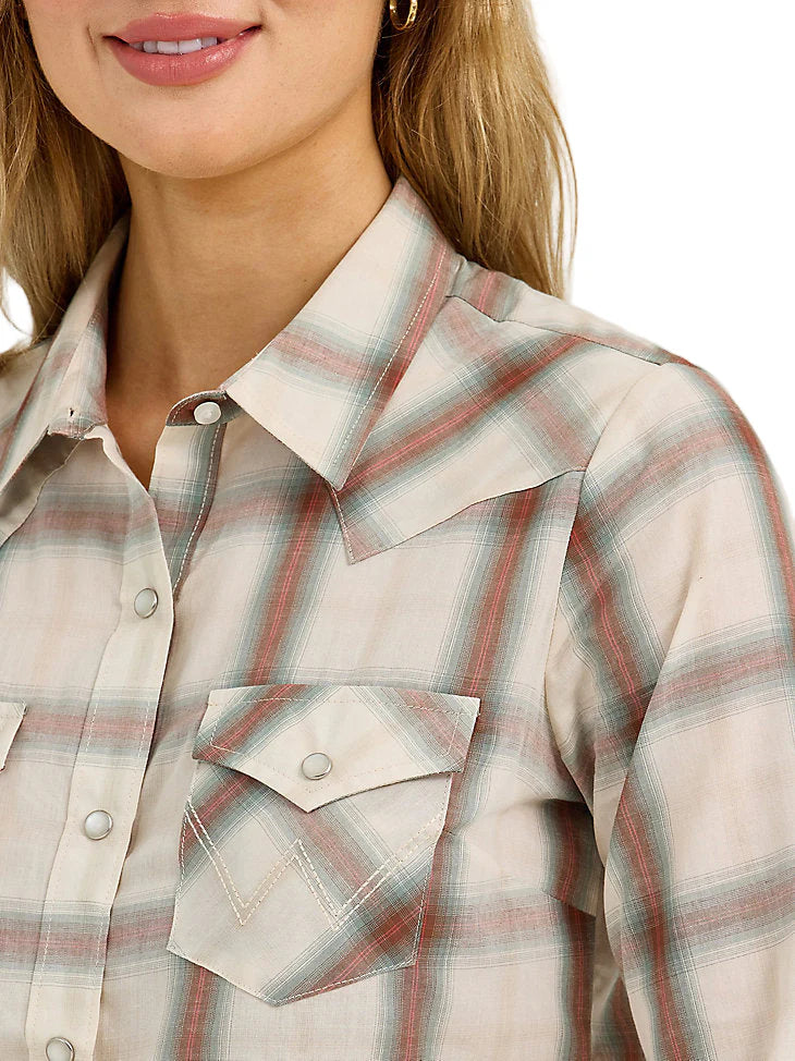 Wrangler - Womens Cream Plaid Western Snap Shirt
