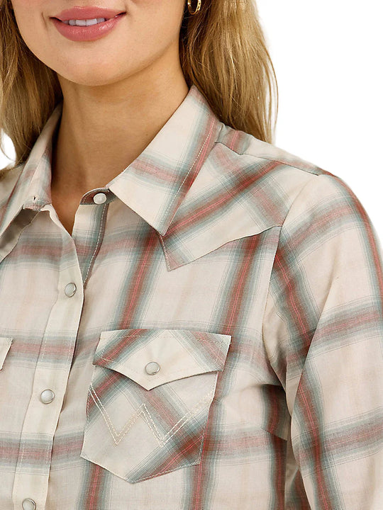 Wrangler - Womens Cream Plaid Western Snap Shirt