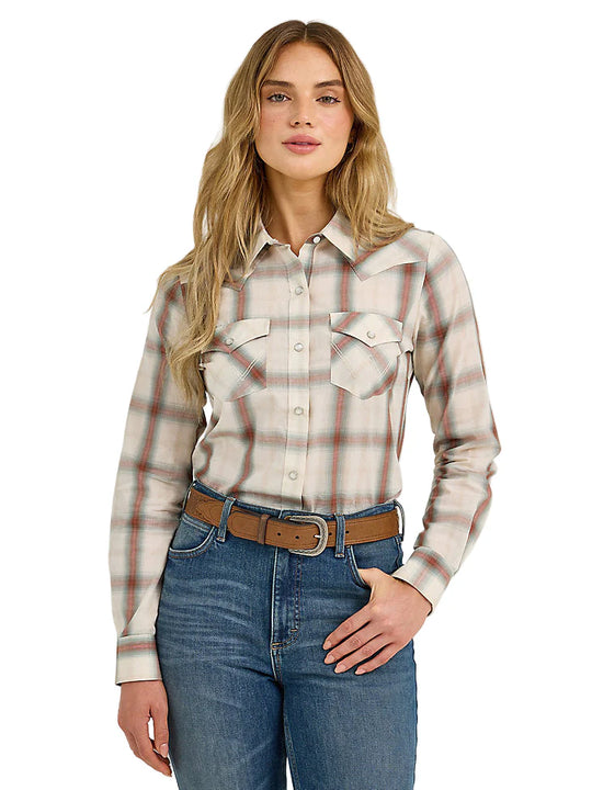 Wrangler - Womens Cream Plaid Western Snap Shirt