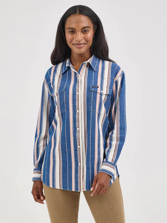 Wrangler - Womens Blue Boyfriend Snap Shirt