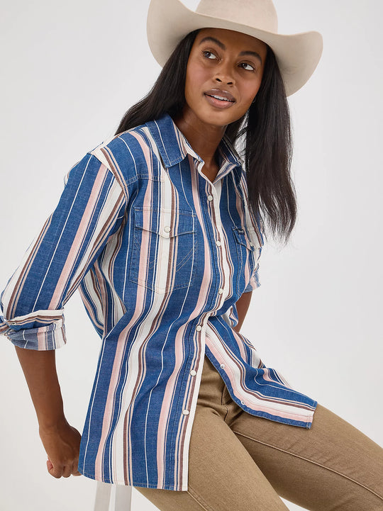 Wrangler - Womens Blue Boyfriend Snap Shirt