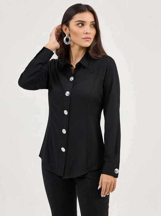 Wrangler- Women's  Solid Black Concho Shirt