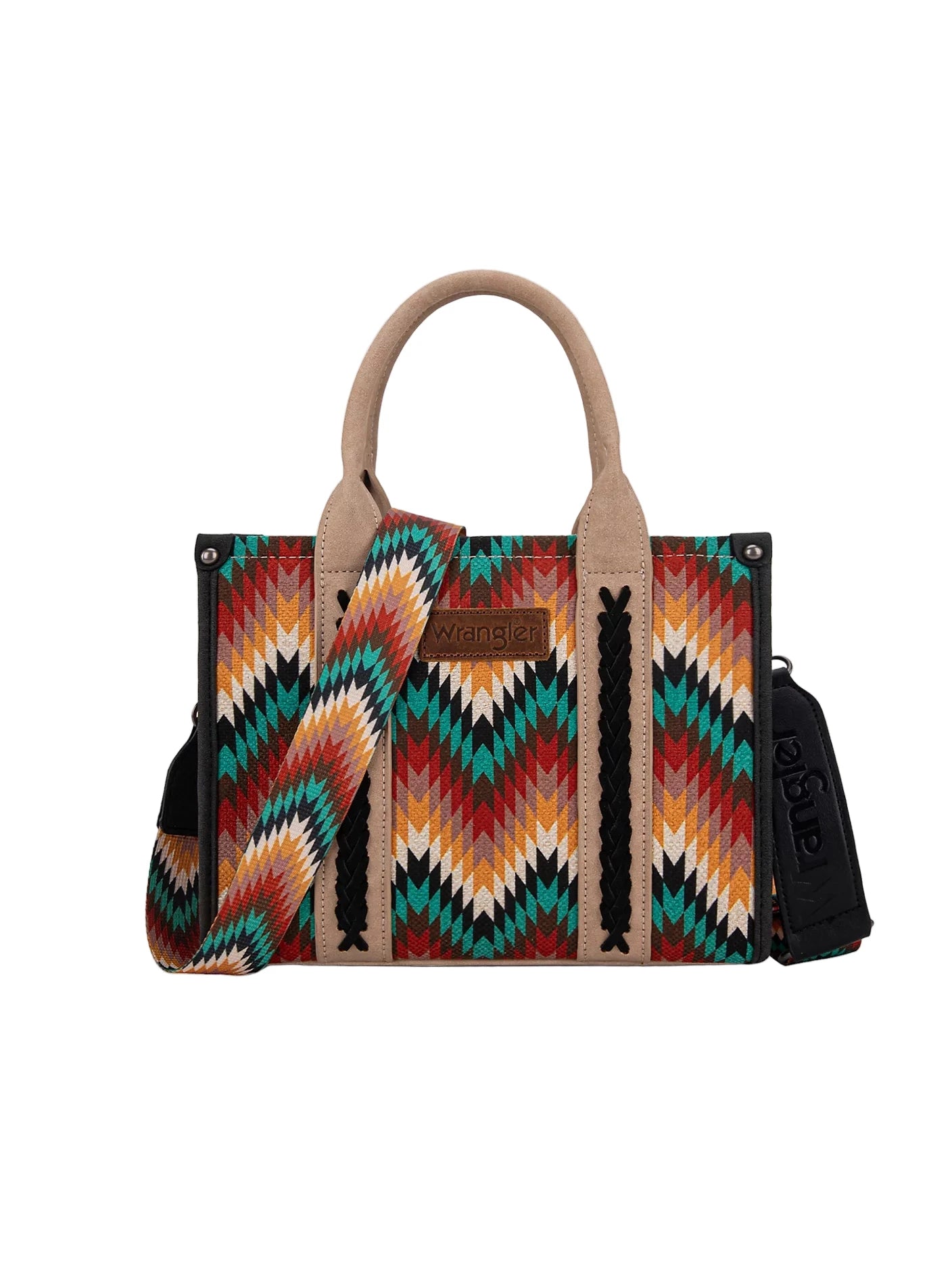 Handbag with colorful zigzag pattern on a light gray background