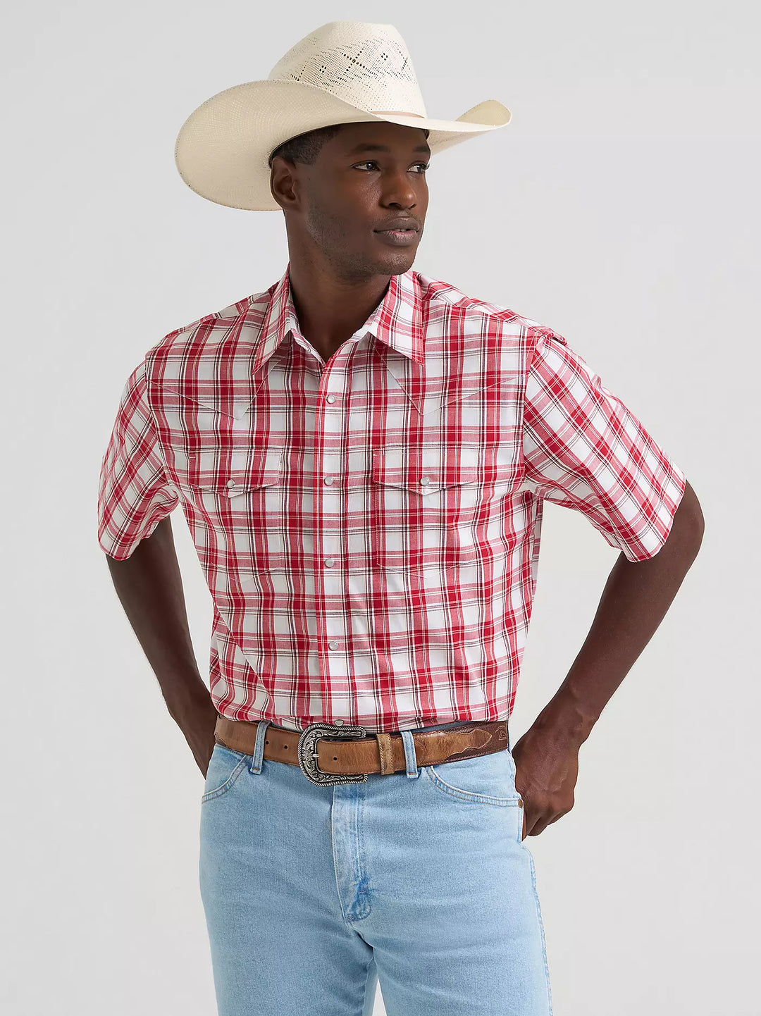 Wrangler - Men's Wrinkle Resistant Red/White Plaid S/S Arena Shirt