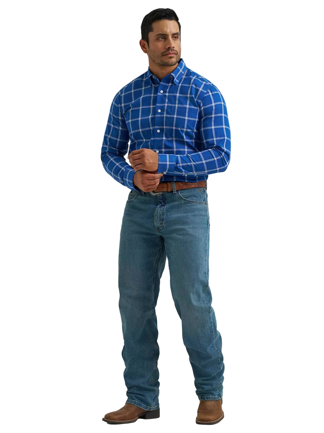 Wrangler - Mens Bluebell Plaid Long Sleeve Cojo Arena Shirt