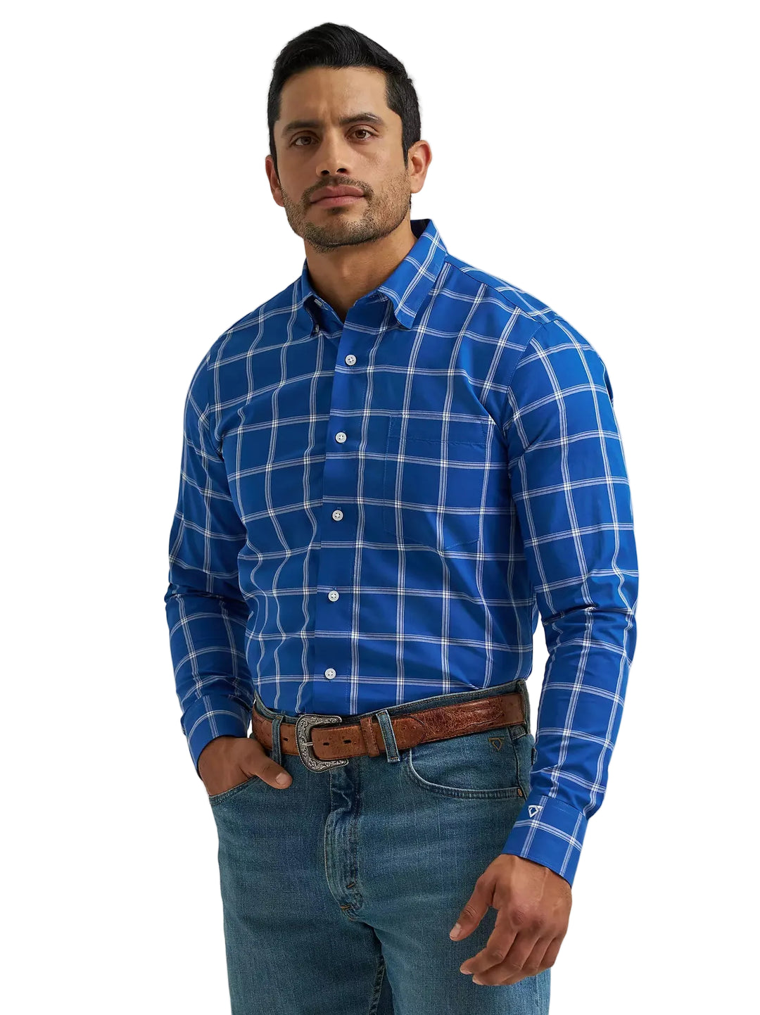Wrangler - Mens Bluebell Plaid Long Sleeve Cojo Arena Shirt