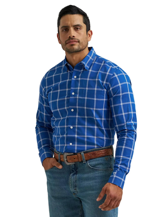 Wrangler - Mens Bluebell Plaid Long Sleeve Cojo Arena Shirt