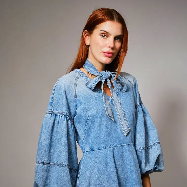 Buffalo Belle - Bell Puff Sleeve Tie Denim Dress