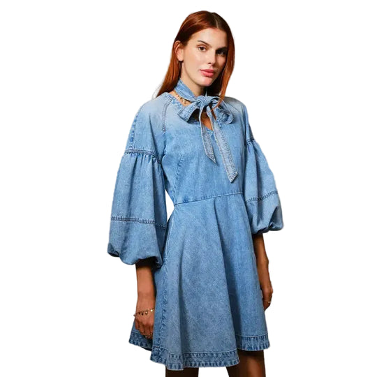 Buffalo Belle - Bell Puff Sleeve Tie Denim Dress