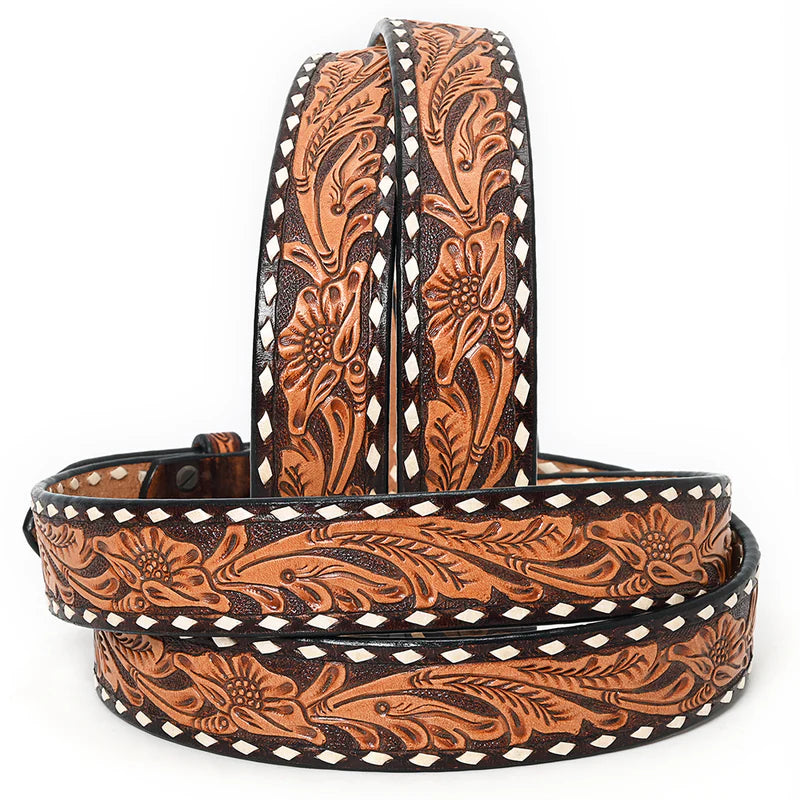 American Darling - Oakley Two-Tone Tooled Leather Belt With Whipstitch Edge And Matching Buckle