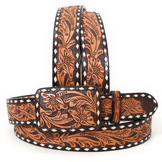 American Darling - Oakley Two-Tone Tooled Leather Belt With Whipstitch Edge And Matching Buckle