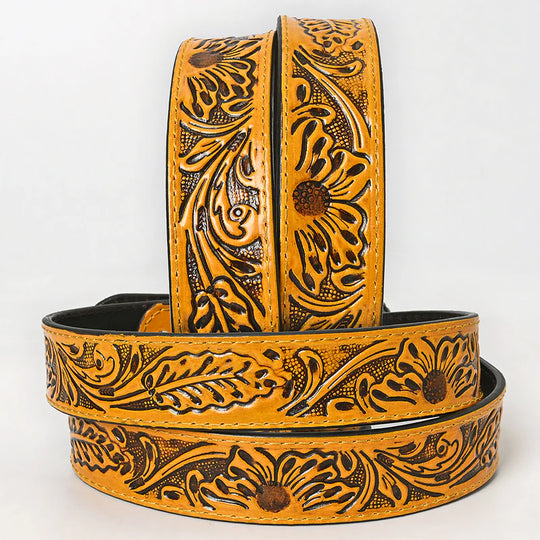 American Darling - Millie Hand-Tooled Yellow Floral Western Leather Belt With Oval Buckle