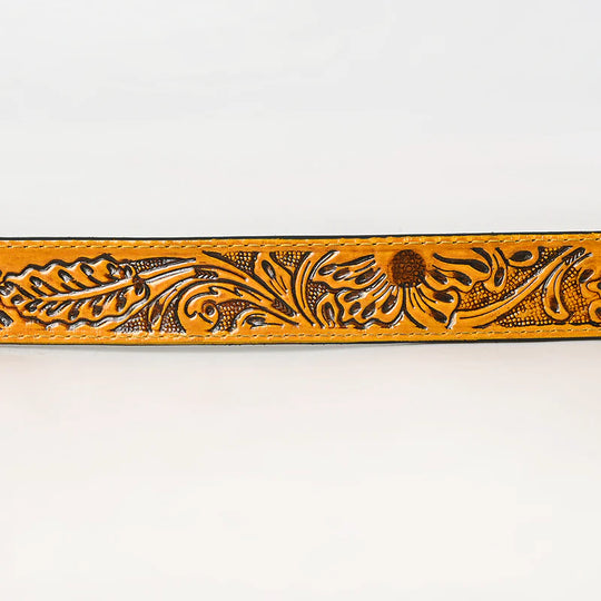 American Darling - Millie Hand-Tooled Yellow Floral Western Leather Belt With Oval Buckle