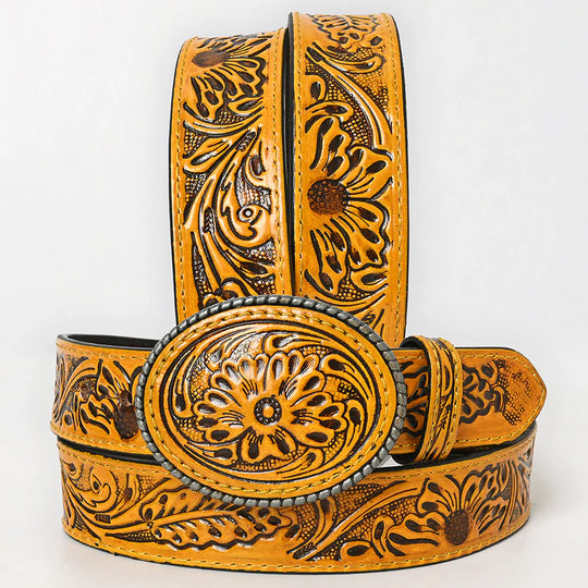 American Darling - Millie Hand-Tooled Yellow Floral Western Leather Belt With Oval Buckle