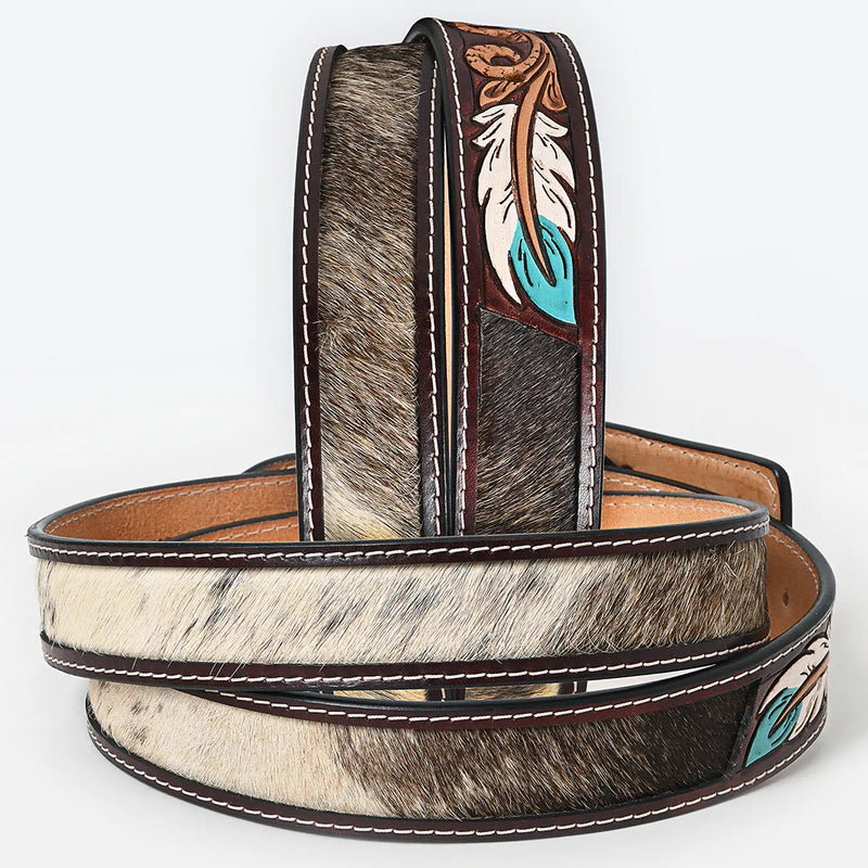 American Darling - Ansley Feather Tooled Leather Belt With Hair On Hide Inlay And Turquoise Accents