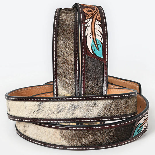 American Darling - Ansley Feather Tooled Leather Belt With Hair On Hide Inlay And Turquoise Accents