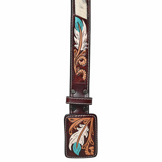 American Darling - Ansley Feather Tooled Leather Belt With Hair On Hide Inlay And Turquoise Accents