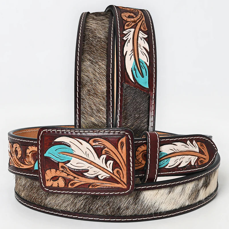 American Darling - Ansley Feather Tooled Leather Belt With Hair On Hide Inlay And Turquoise Accents