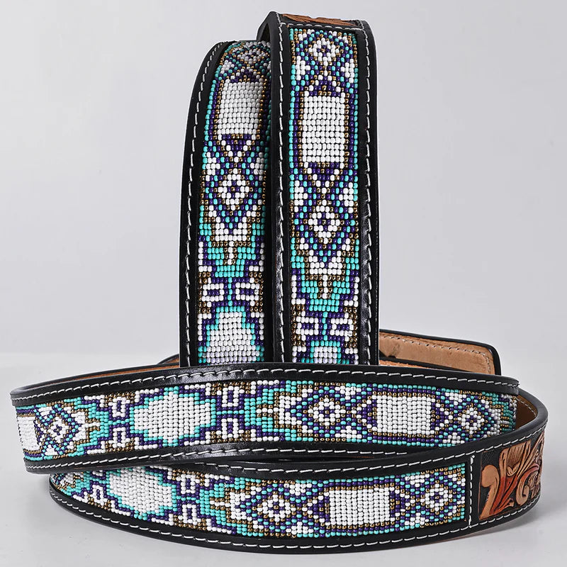 American Darling - Tatum Icy Turquoise Navajo Beaded Western Belt With Tooled Leather Buckle
