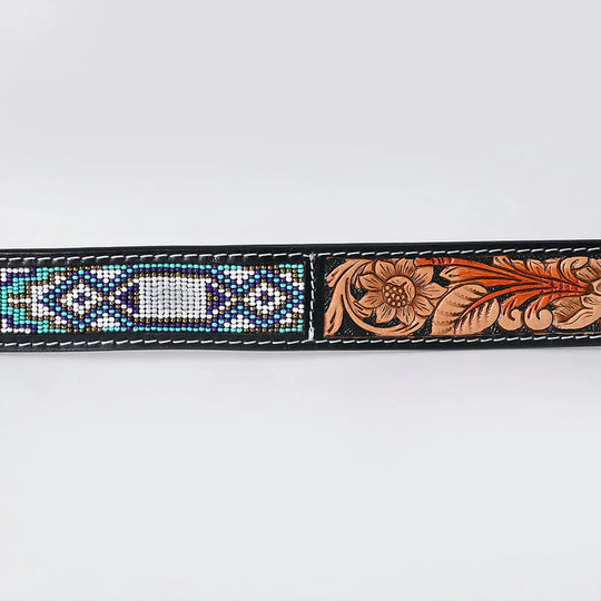 American Darling - Tatum Icy Turquoise Navajo Beaded Western Belt With Tooled Leather Buckle