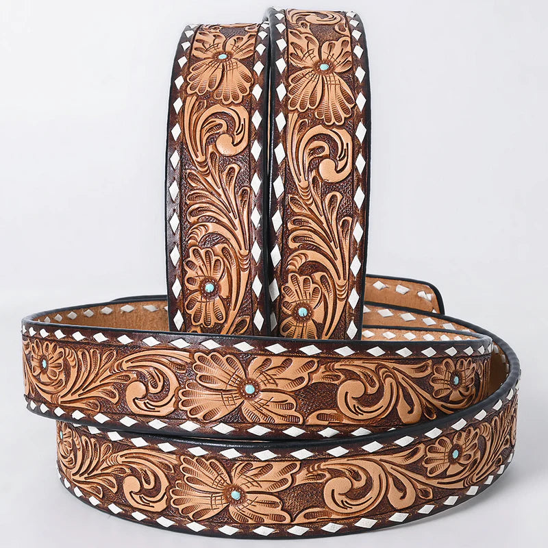 American Darling - Kinsley Hand Tooled Western Leather Belt Vintage Floral With White Diamond Border With Turquoise Stud Centers