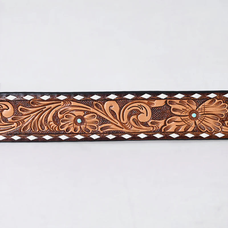 American Darling - Kinsley Hand Tooled Western Leather Belt Vintage Floral With White Diamond Border With Turquoise Stud Centers