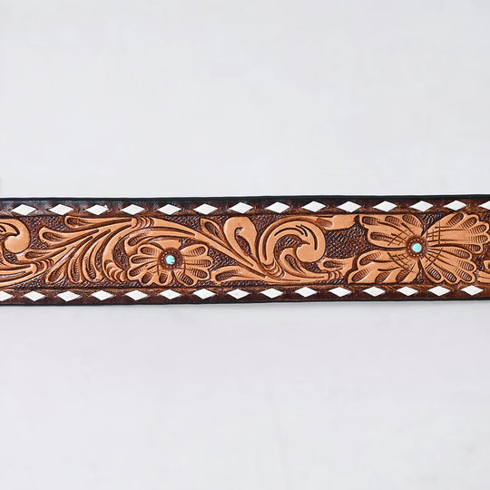 American Darling - Kinsley Hand Tooled Western Leather Belt Vintage Floral With White Diamond Border With Turquoise Stud Centers