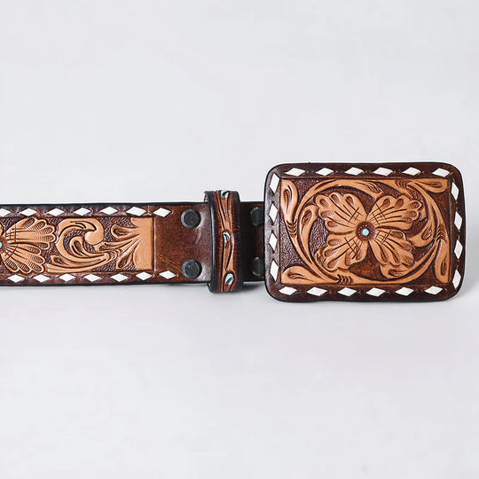 American Darling - Kinsley Hand Tooled Western Leather Belt Vintage Floral With White Diamond Border With Turquoise Stud Centers