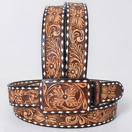 American Darling - Kinsley Hand Tooled Western Leather Belt Vintage Floral With White Diamond Border With Turquoise Stud Centers
