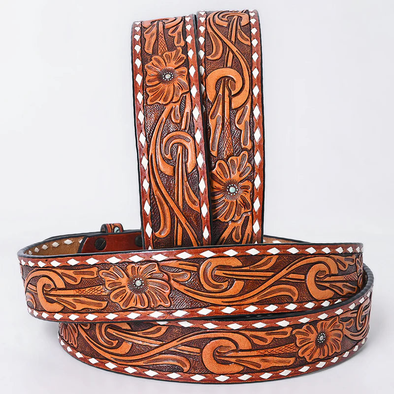 American Darling - Gracie Hand Tooled Western Leather Belt Floral Swirl with White Diamond Border
