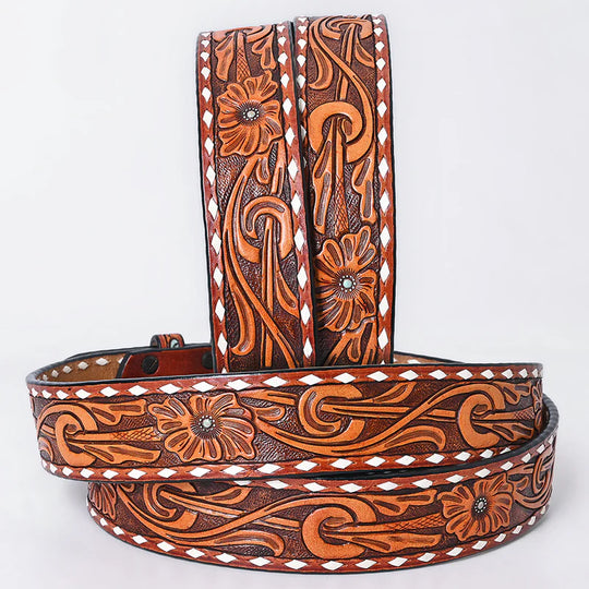 American Darling - Gracie Hand Tooled Western Leather Belt Floral Swirl with White Diamond Border