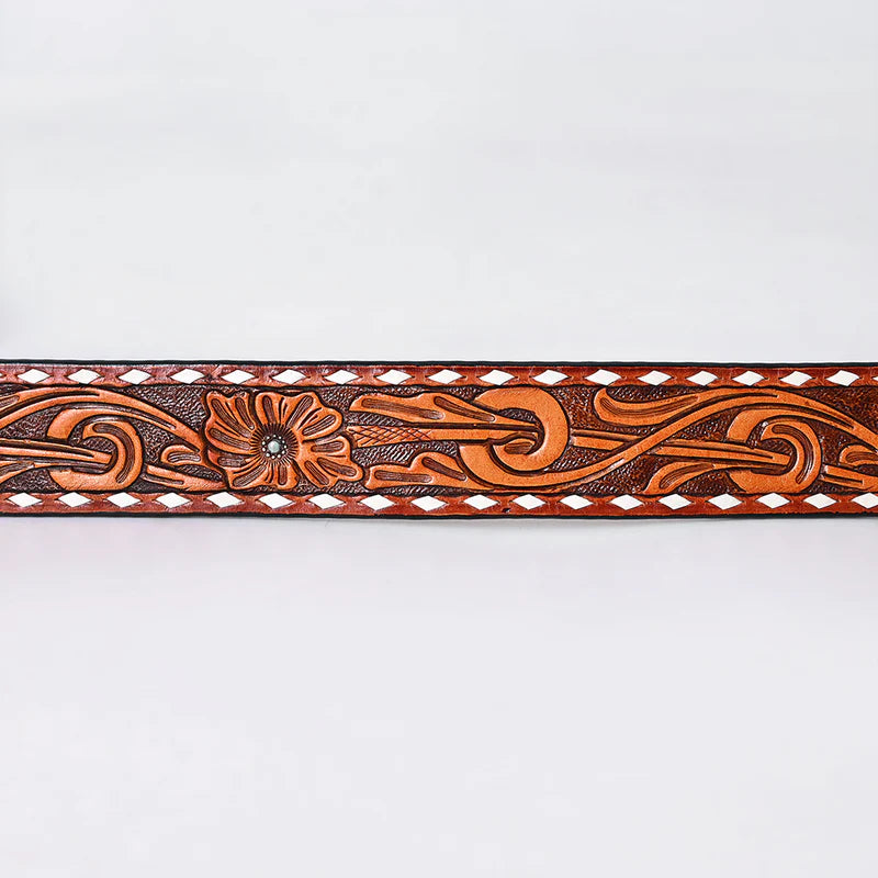 American Darling - Gracie Hand Tooled Western Leather Belt Floral Swirl with White Diamond Border