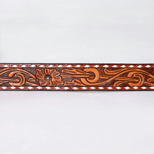 American Darling - Gracie Hand Tooled Western Leather Belt Floral Swirl with White Diamond Border