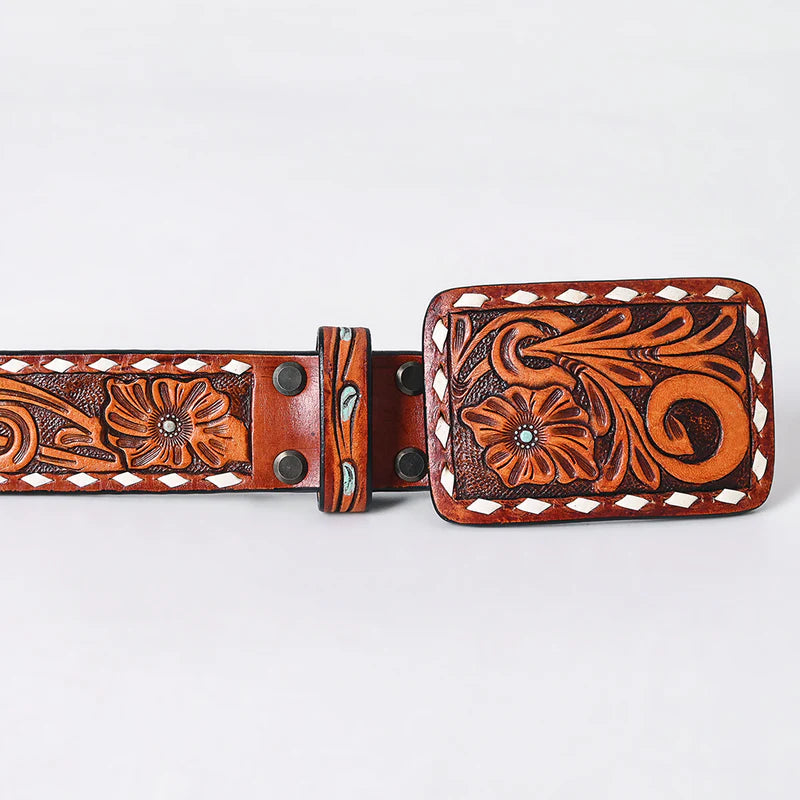 American Darling - Gracie Hand Tooled Western Leather Belt Floral Swirl with White Diamond Border